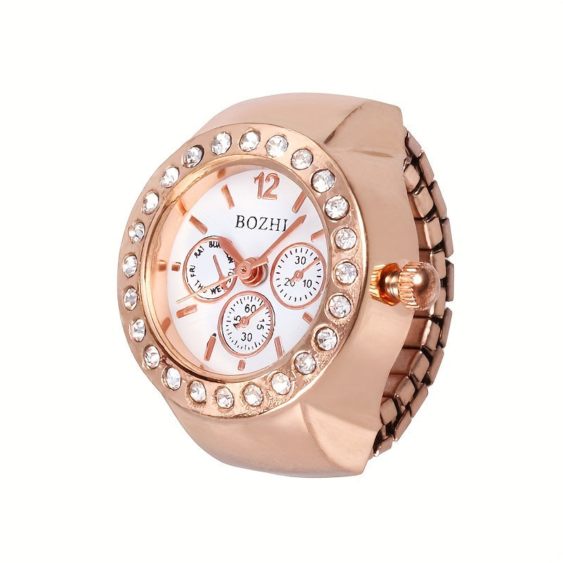 Stylish Rhinestone Quartz Ring Watch – Alloy Case, Unisex Casual Accessory