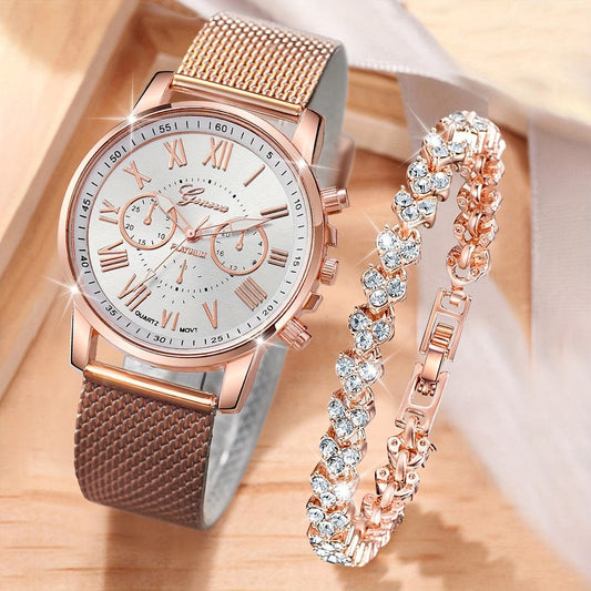 2-Piece Women's Minimalist Quartz Watch & Rhinestone Bracelet Set