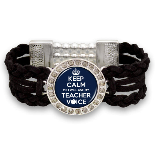 "Keep Calm Or I Will Use My Teacher Voice" Outdoors Suede Stretch Bracelet