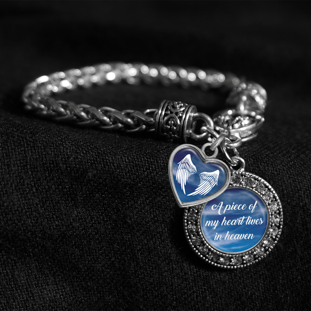 A Piece Of My Heart Lives In Heaven Silver Braided Clasp Charm Bracelet