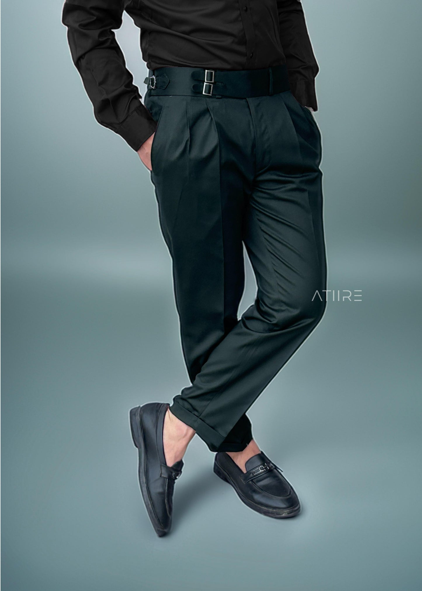 BOTTLE GREEN DOUBLE PLEATED BUCKLE GURKHA PANTS BY ATIIRE
