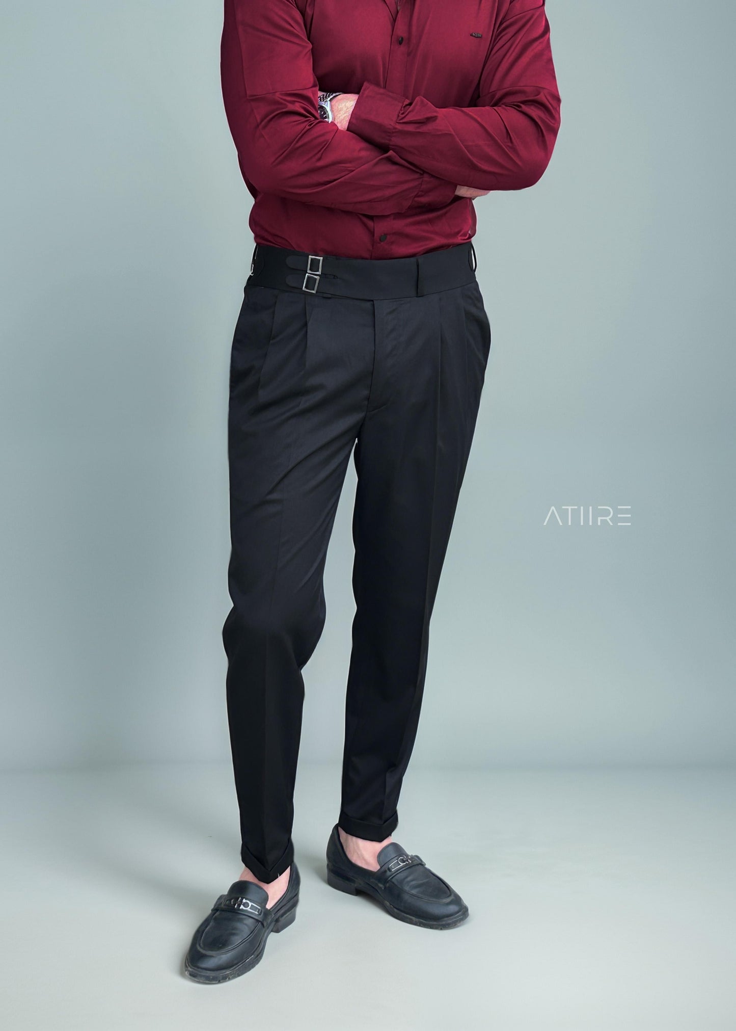 BLACK DOUBLE PLEATED BUCKLE GURKHA PANTS BY ATIIRE