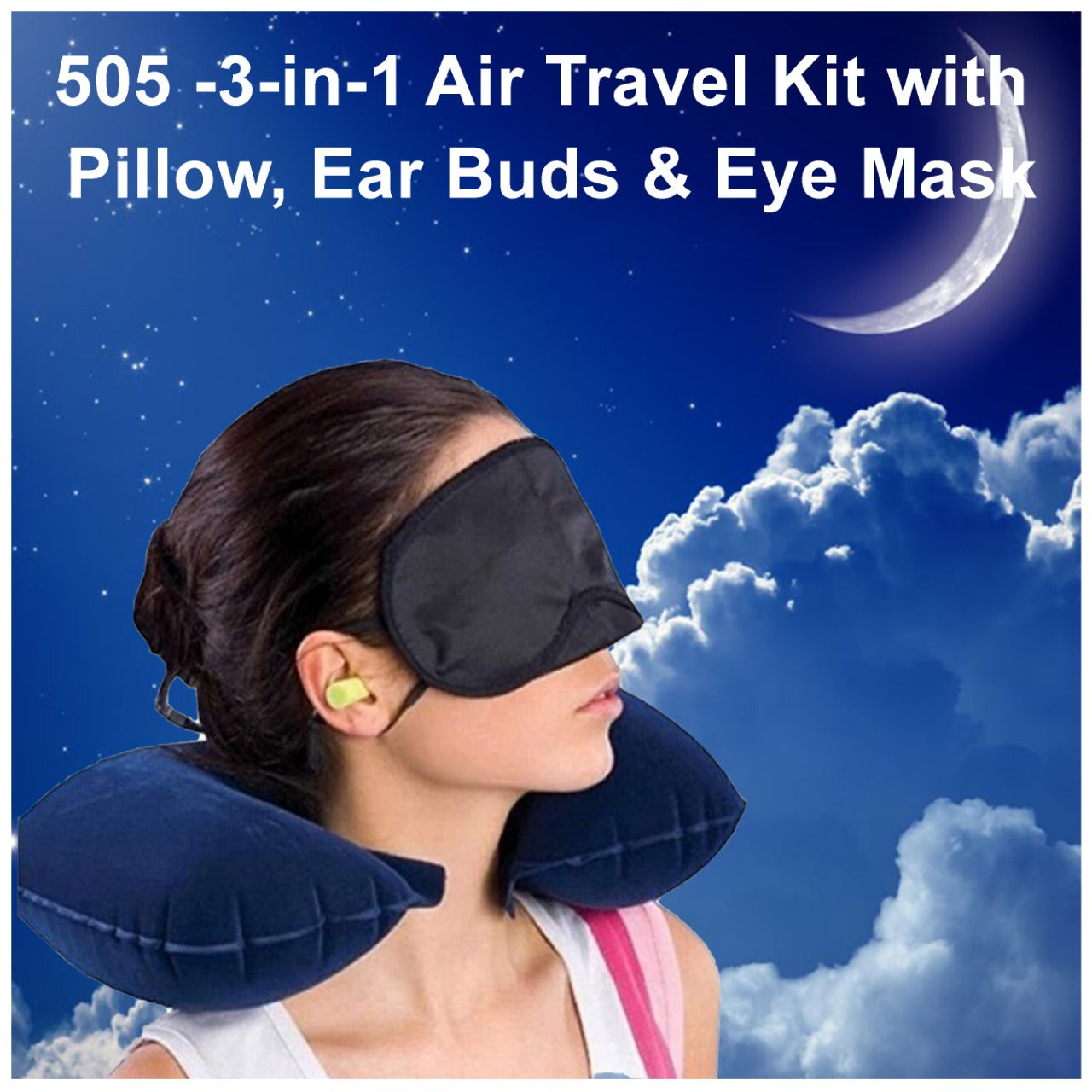'-3-in-1 Air Travel Kit with Pillow, Ear Buds & Eye Mask