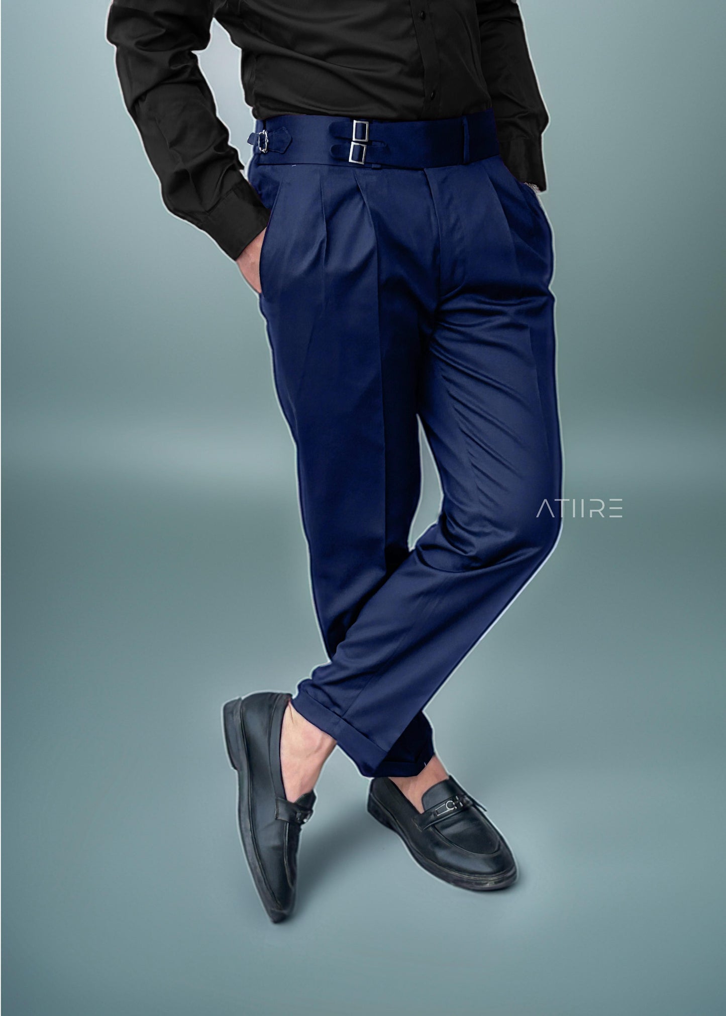 NAVY BLUE DOUBLE PLEATED BUCKLE GURKHA PANTS BY ATIIRE