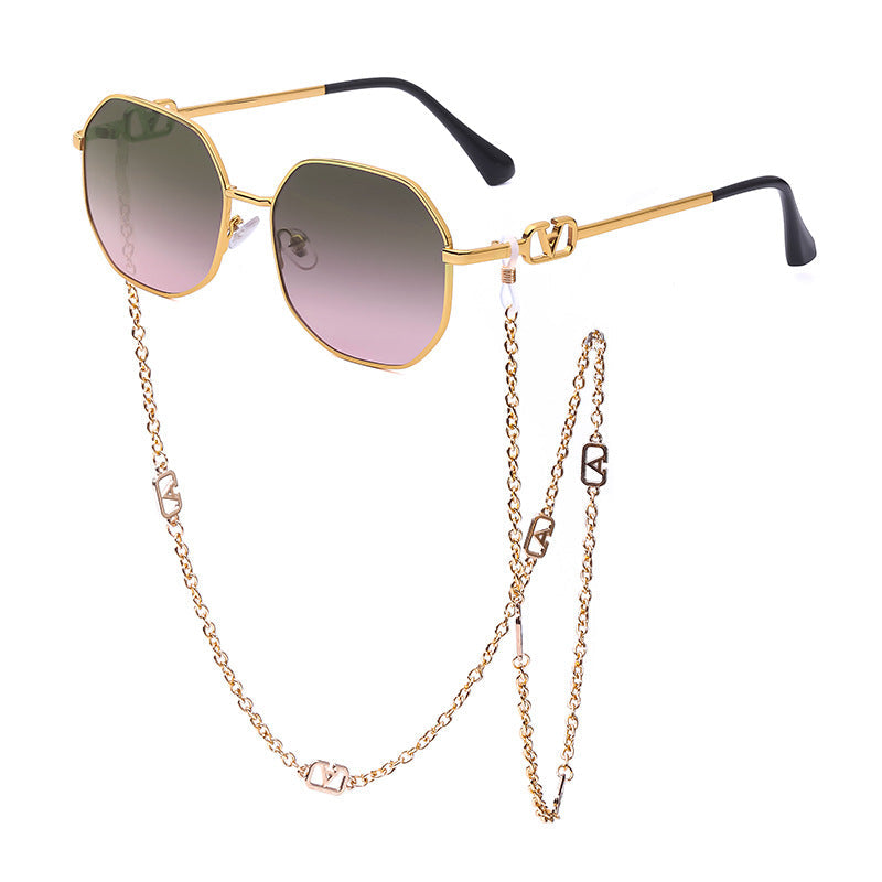 Trendy Women’s Sunglasses with Chain – Stylish Full-Frame Polygonal Shades