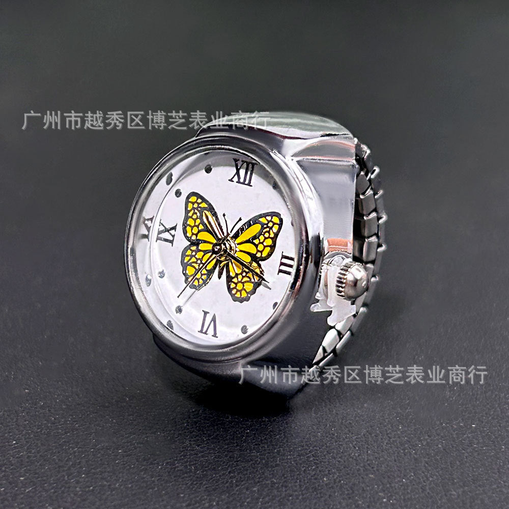 Unisex Quartz Butterfly Pattern Ring Watch – Stainless Steel Finger Watch