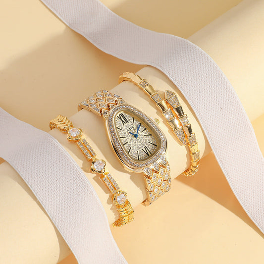 Women's Gold Snake Head Quartz Watch & Bracelet Set – 3-piece Pack