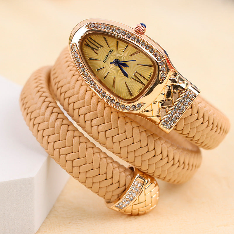 Women's Snake-Inspired Quartz Watch – Braided Leather Strap