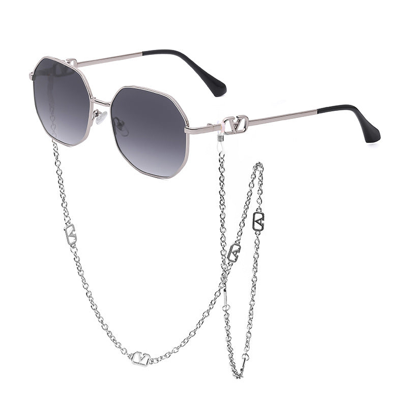 Trendy Women’s Sunglasses with Chain – Stylish Full-Frame Polygonal Shades