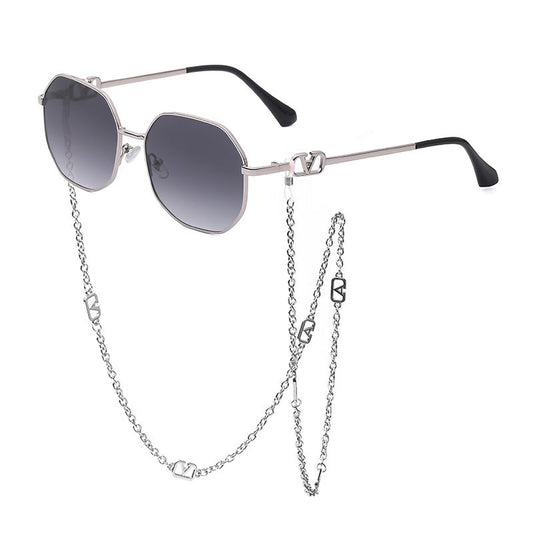 Trendy Women’s Sunglasses with Chain – Stylish Full-Frame Polygonal Shades