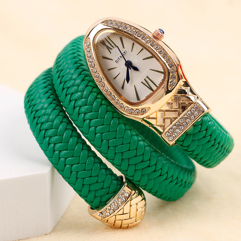 Women's Snake-Inspired Quartz Watch – Braided Leather Strap