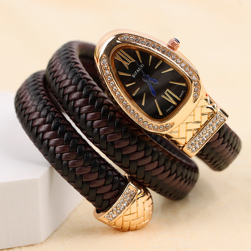 Women's Snake-Inspired Quartz Watch – Braided Leather Strap