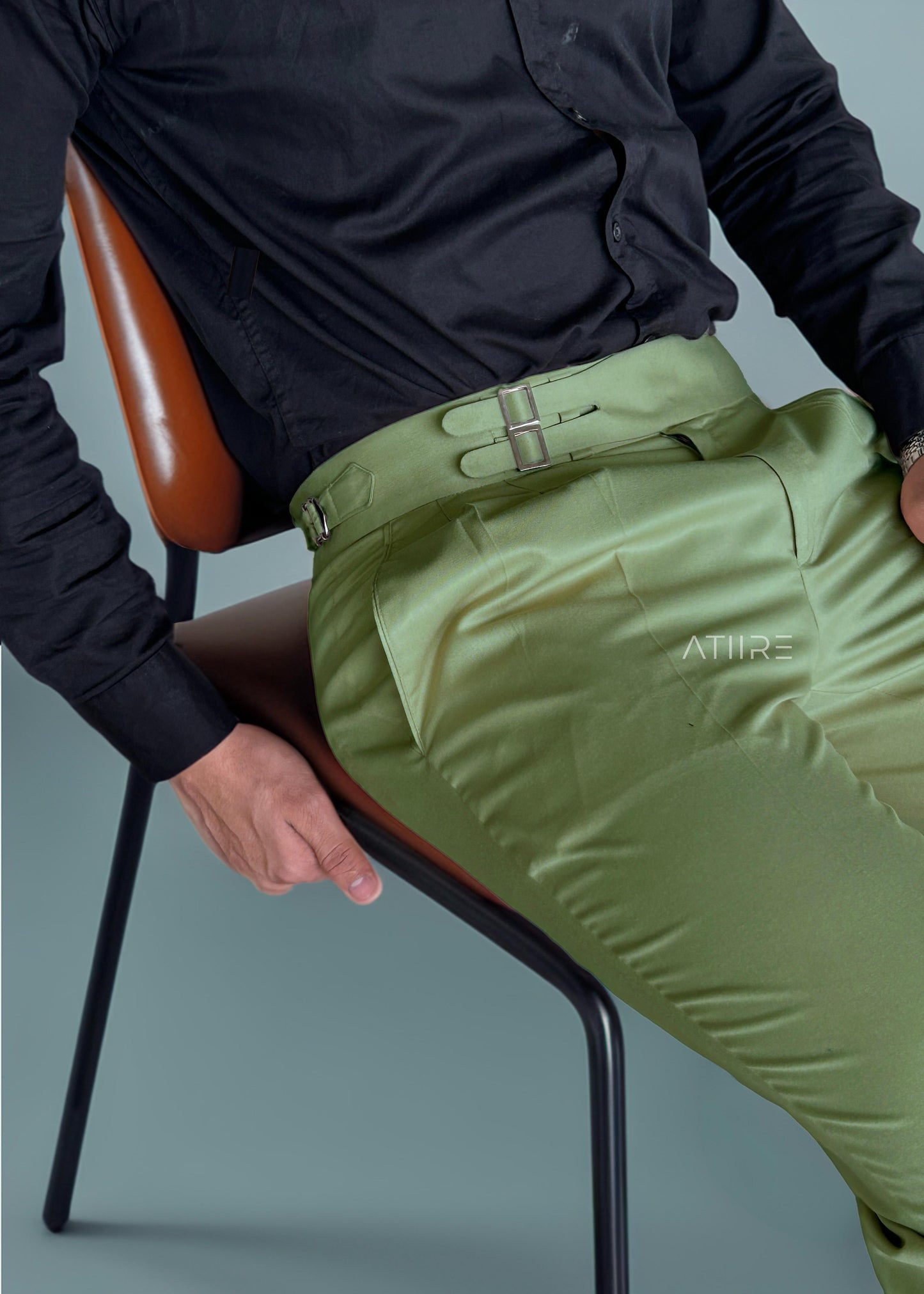 PISTA GREEN DOUBLE PLEATED BUCKLE GURKHA PANTS BY ATIIRE