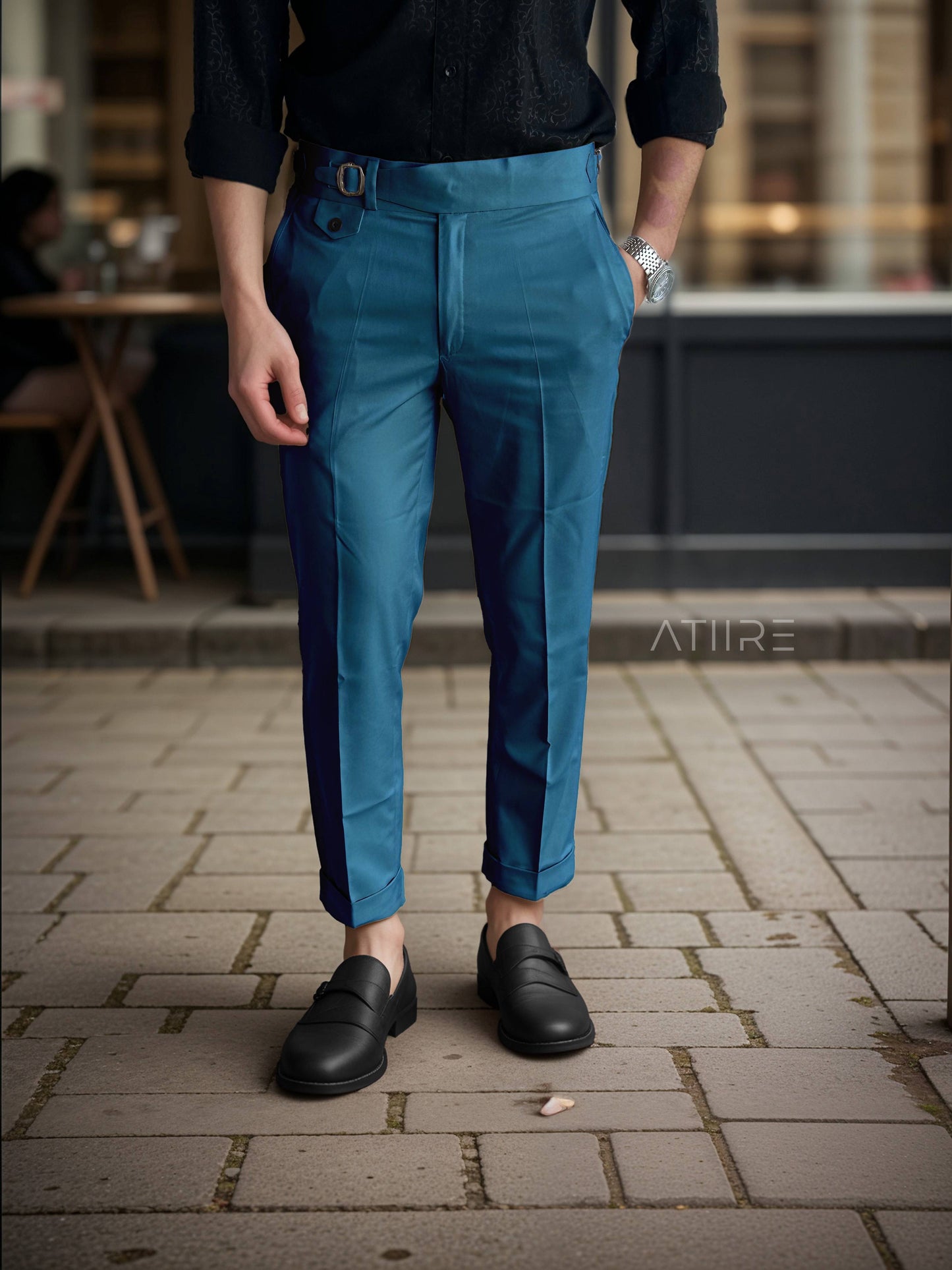 TEAL BLUE SINGLE PLEATED BUCKLE GURKHA PANTS BY ATIIRE