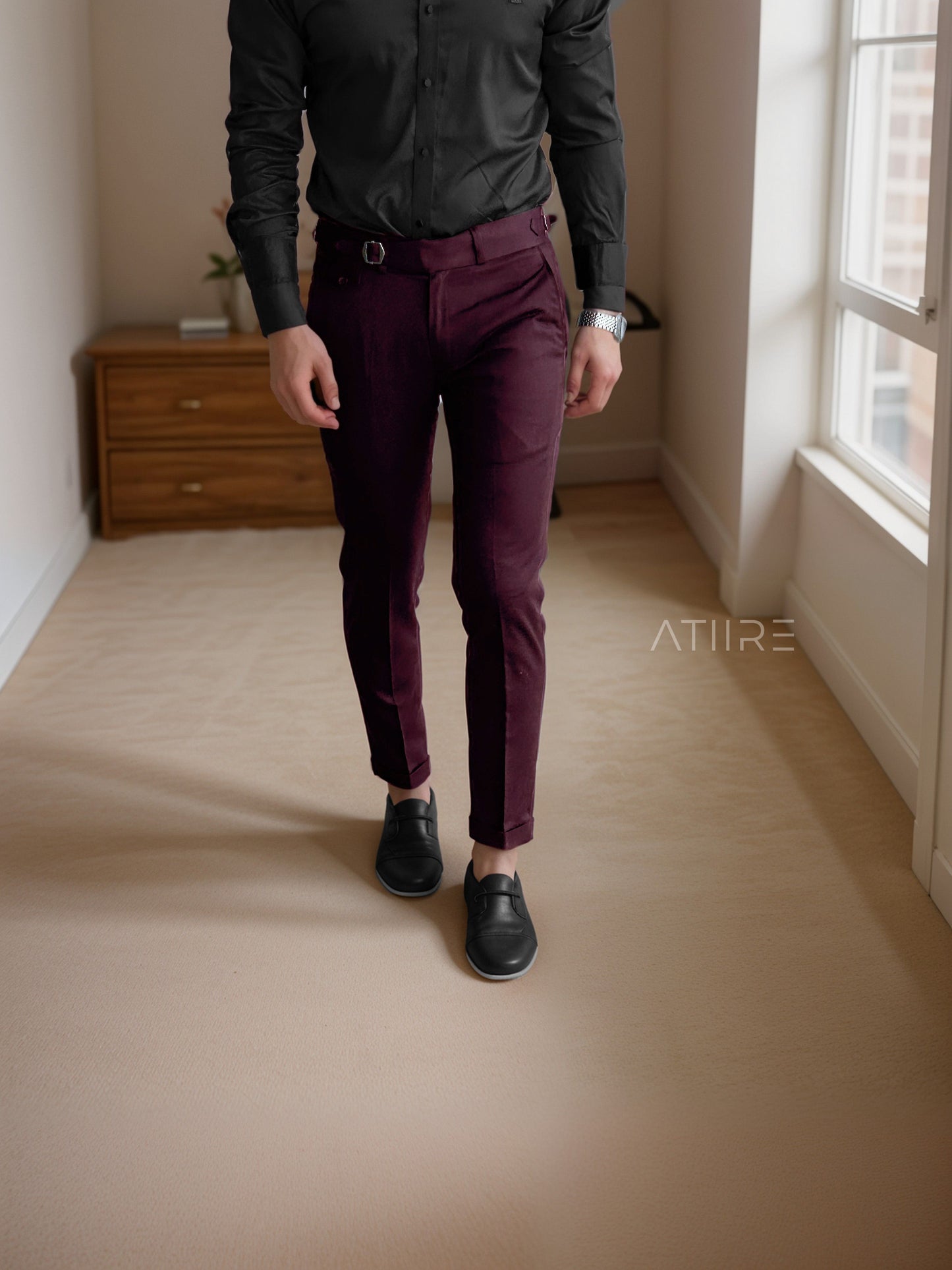 WINE  SINGLE PLEATED BUCKLE GURKHA PANTS BY ATIIRE