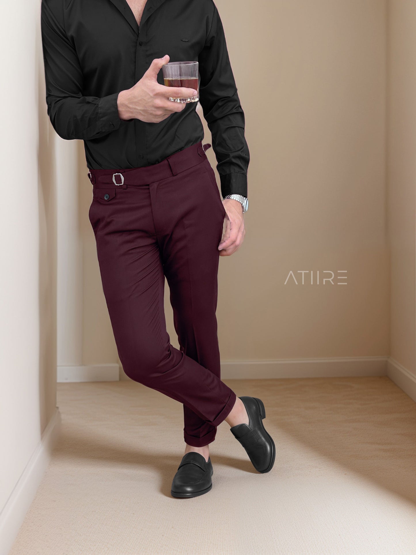 WINE  SINGLE PLEATED BUCKLE GURKHA PANTS BY ATIIRE