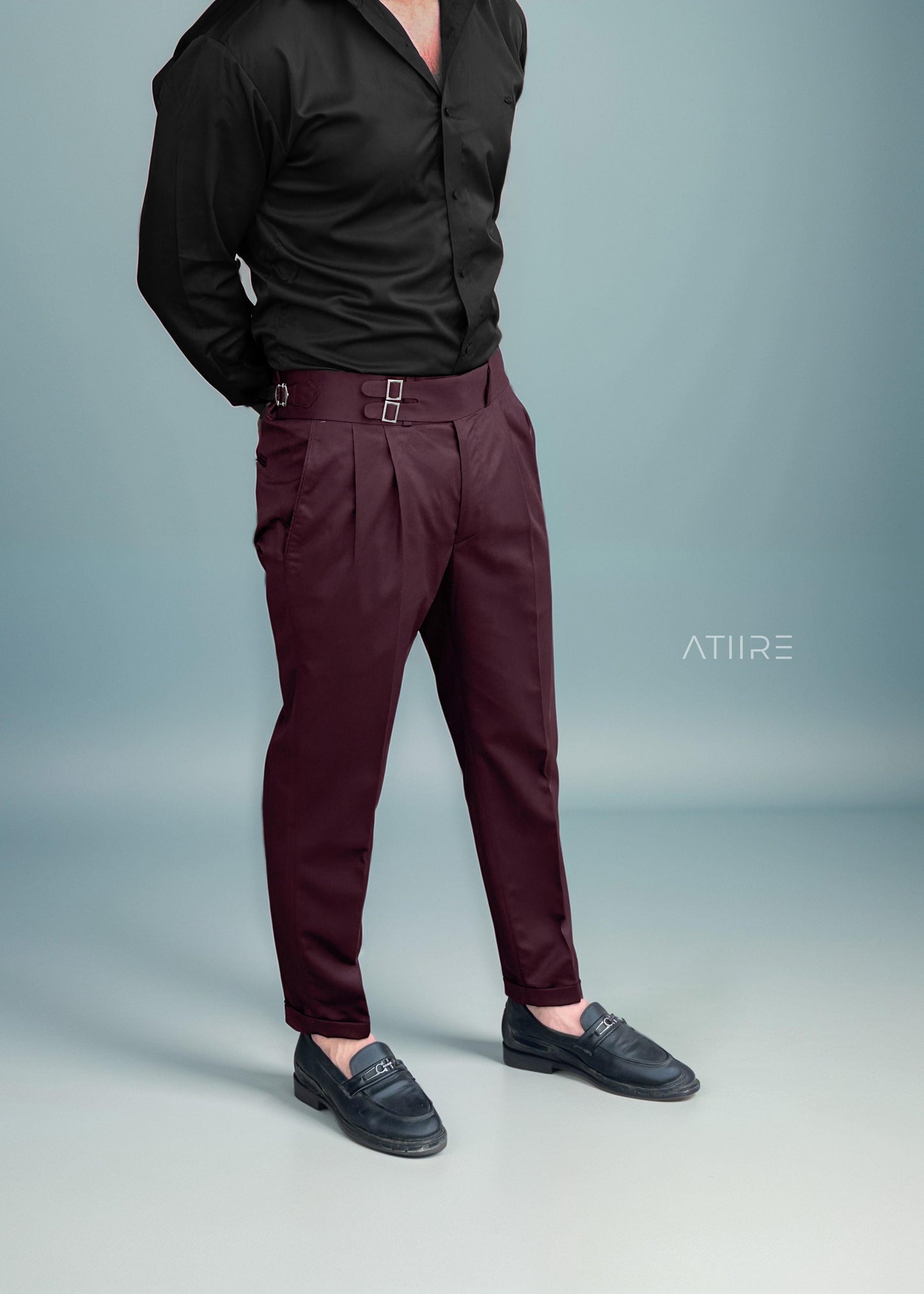 WINE DOUBLE PLEATED BUCKLE GURKHA PANTS BY ATIIRE