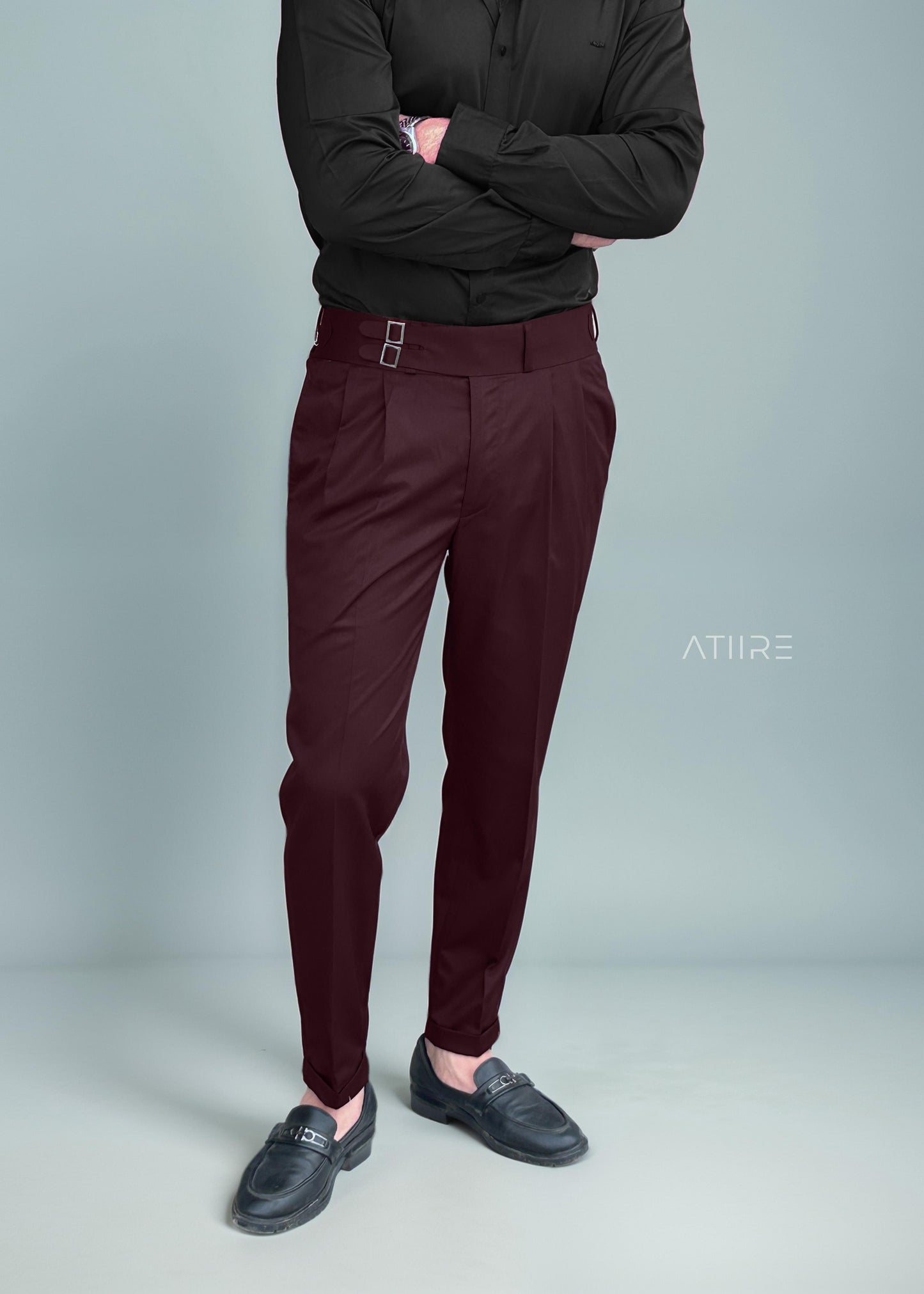 WINE DOUBLE PLEATED BUCKLE GURKHA PANTS BY ATIIRE
