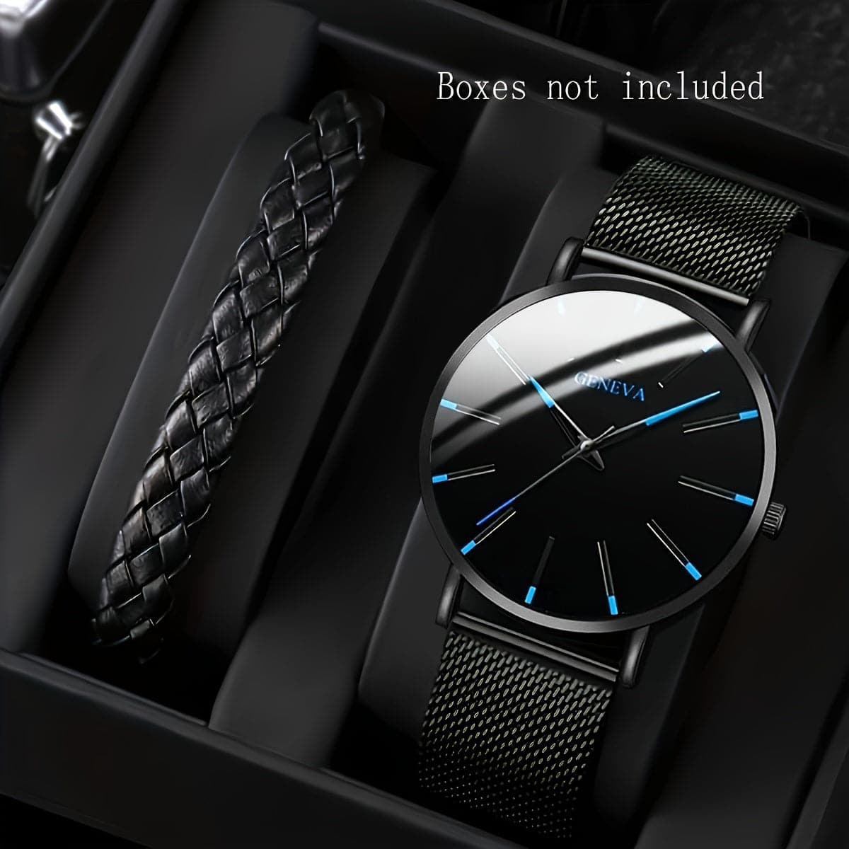 2-Piece Black Round Quartz Unisex Watch Set – PU Leather Strap & Bracelet