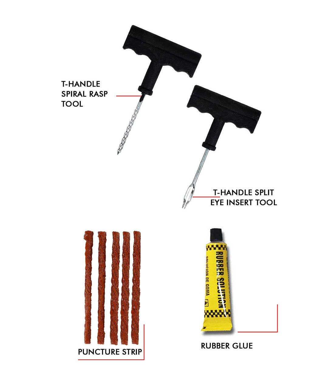 Puncture Repair Kit Tubeless Tyre Full Set with Nose Pliers, Rubber Cement and Extra Strips for Cars, Bikes 
