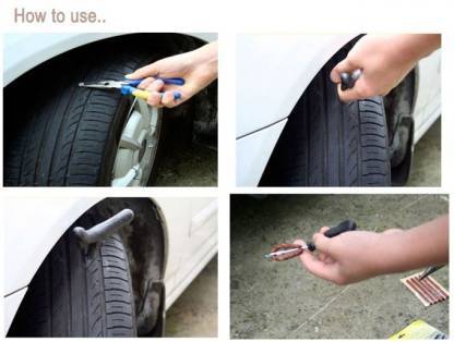 Puncture Repair Kit Tubeless Tyre Full Set with Nose Pliers, Rubber Cement and Extra Strips for Cars, Bikes 