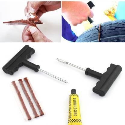 Puncture Repair Kit Tubeless Tyre Full Set with Nose Pliers, Rubber Cement and Extra Strips for Cars, Bikes 