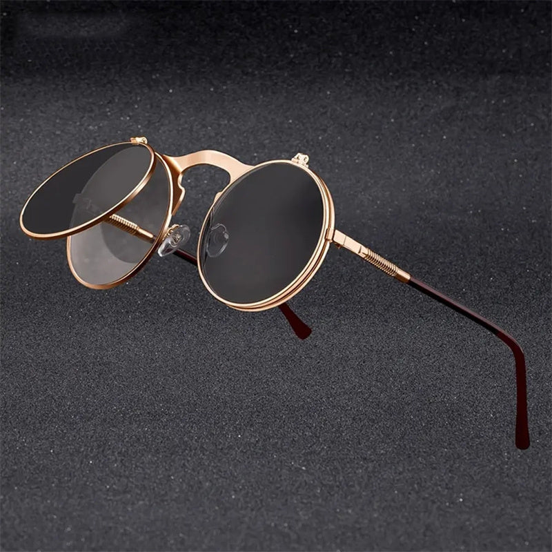 Vintage Steampunk Round Metal Frame Flip-Up Glasses