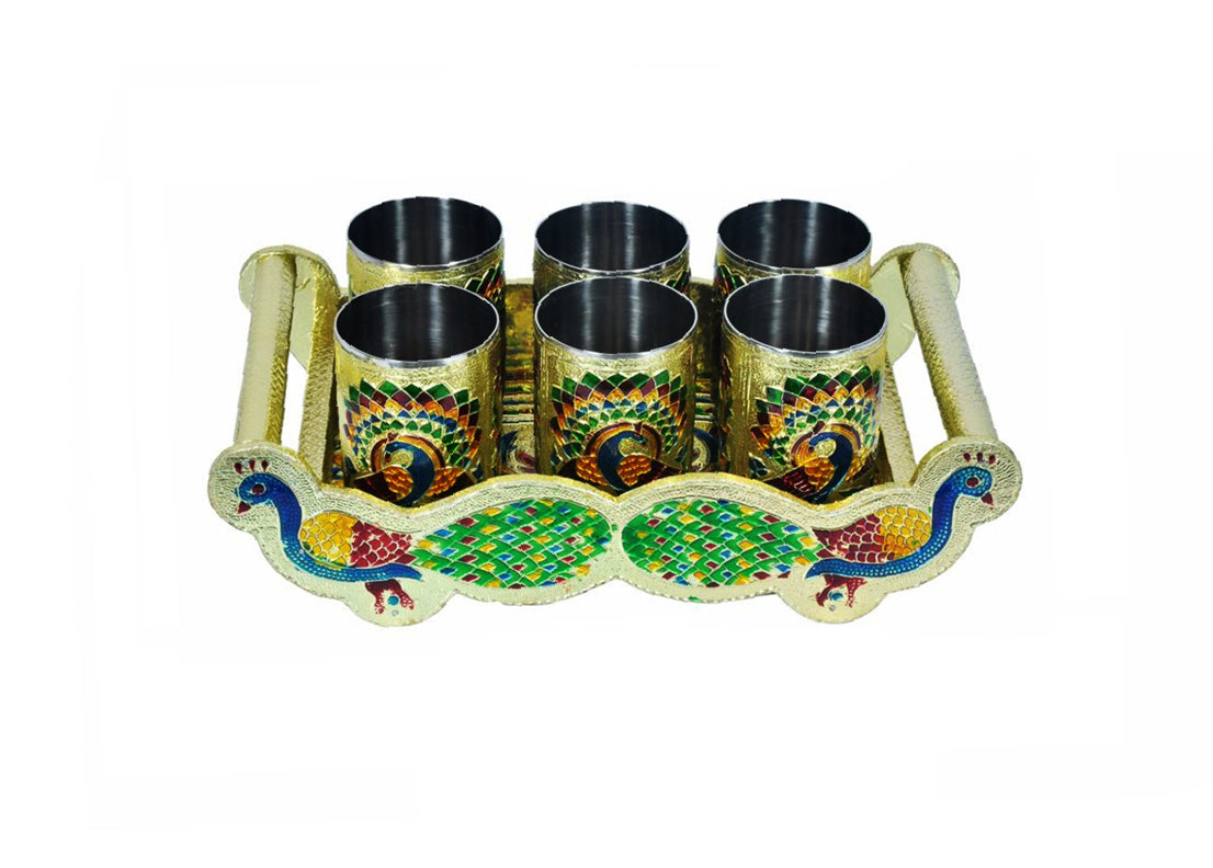 Peacock Design Glass with Handle and Handicraft Serving Tray Set