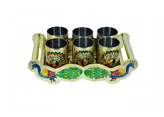 Peacock Design Glass with Handle and Handicraft Serving Tray Set