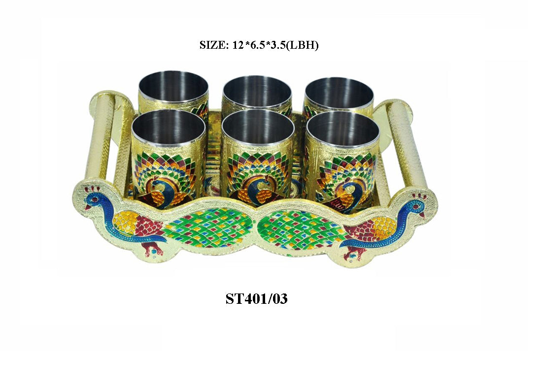 Peacock Design Glass with Handle and Handicraft Serving Tray Set