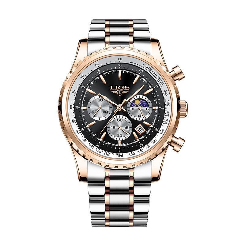 Lige Men's Quartz Watch Moon Phase Multifunctional Watch For Men 8989