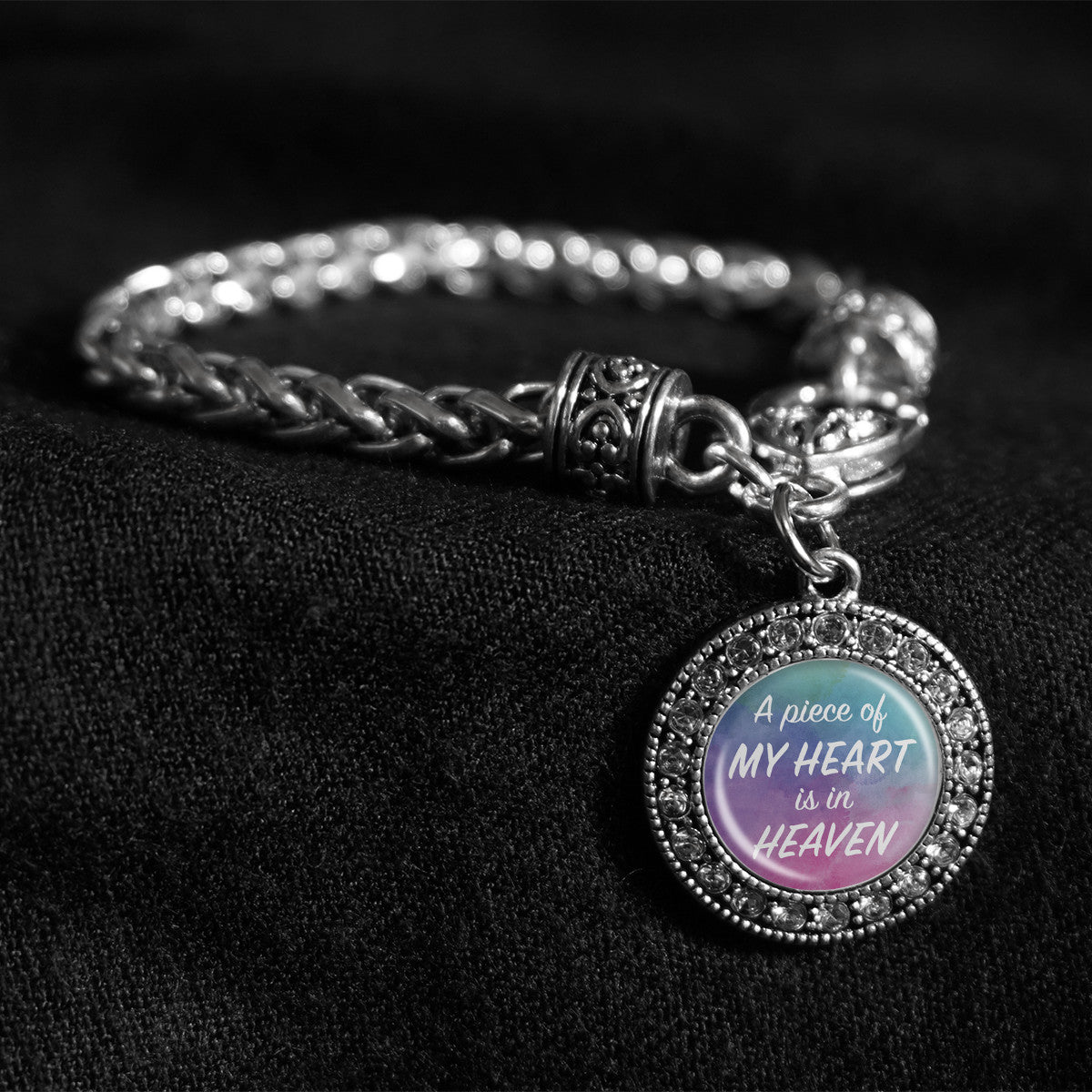 A Piece Of My Heart Is In Heaven Watercolor Silver Braided Clasp Bracelet