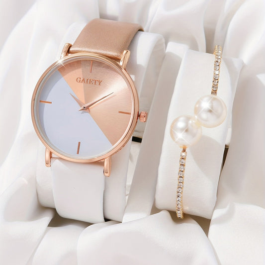 Minimalist Quartz Watch with PU Strap and Matching Bracelet
