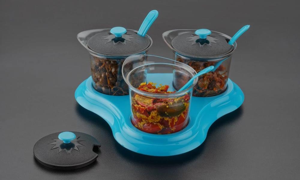 Multipurpose Dining Set Jar and tray holder, Chutneys/Pickles/Spices Jar - 3pc 