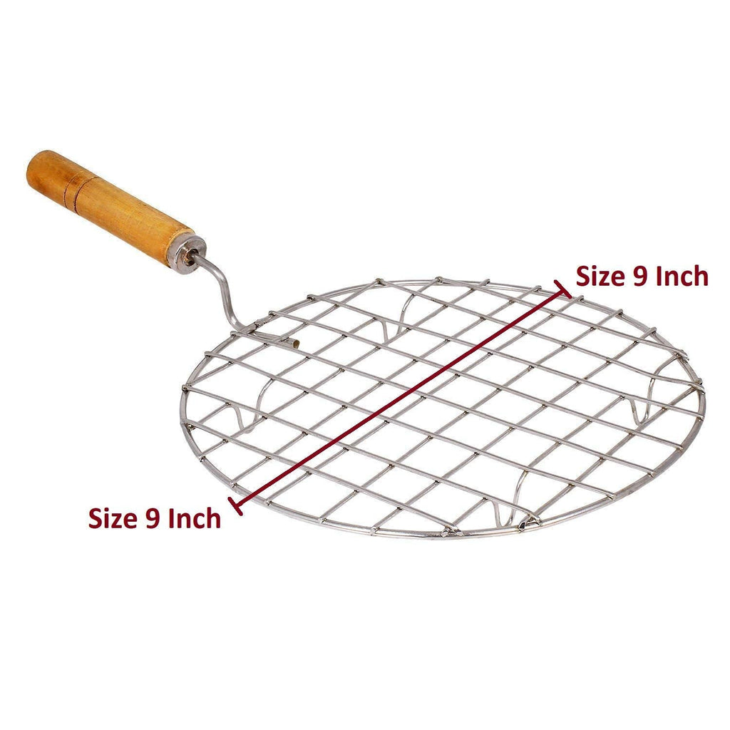 Kitchen Round Stainless Steel Roaster Papad Jali, Barbecue Grill with Wooden Handle 