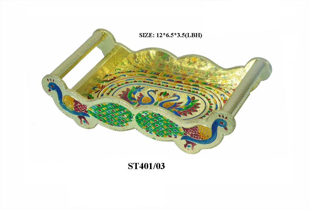Peacock Design Glass with Handle and Handicraft Serving Tray Set