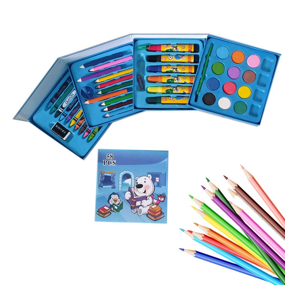 Plastic Art Colour Set 58 pcs with Color Pencil, Crayons, Oil Pastel and Sketch Pens 