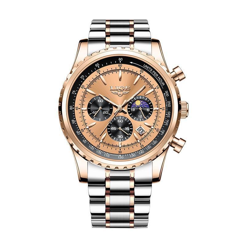 Lige Men's Quartz Watch Moon Phase Multifunctional Watch For Men 8989