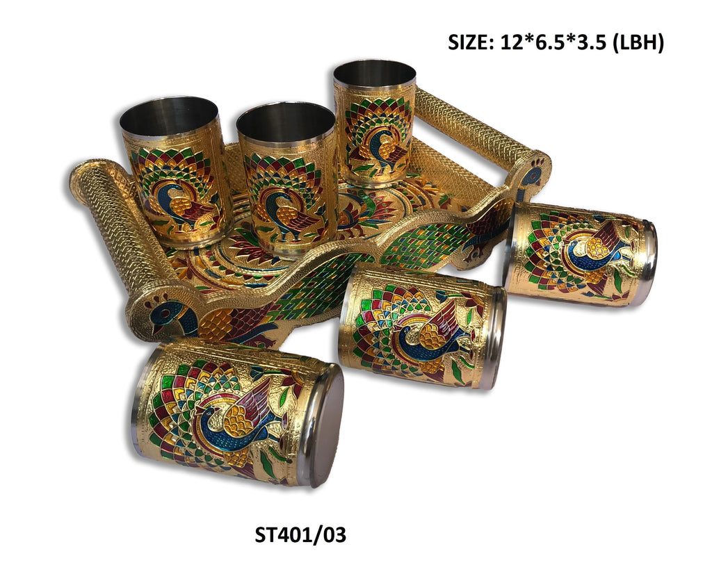 Peacock Design Glass with Handle and Handicraft Serving Tray Set