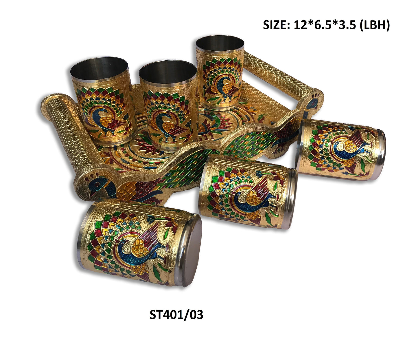 Peacock Design Glass with Handle and Handicraft Serving Tray Set