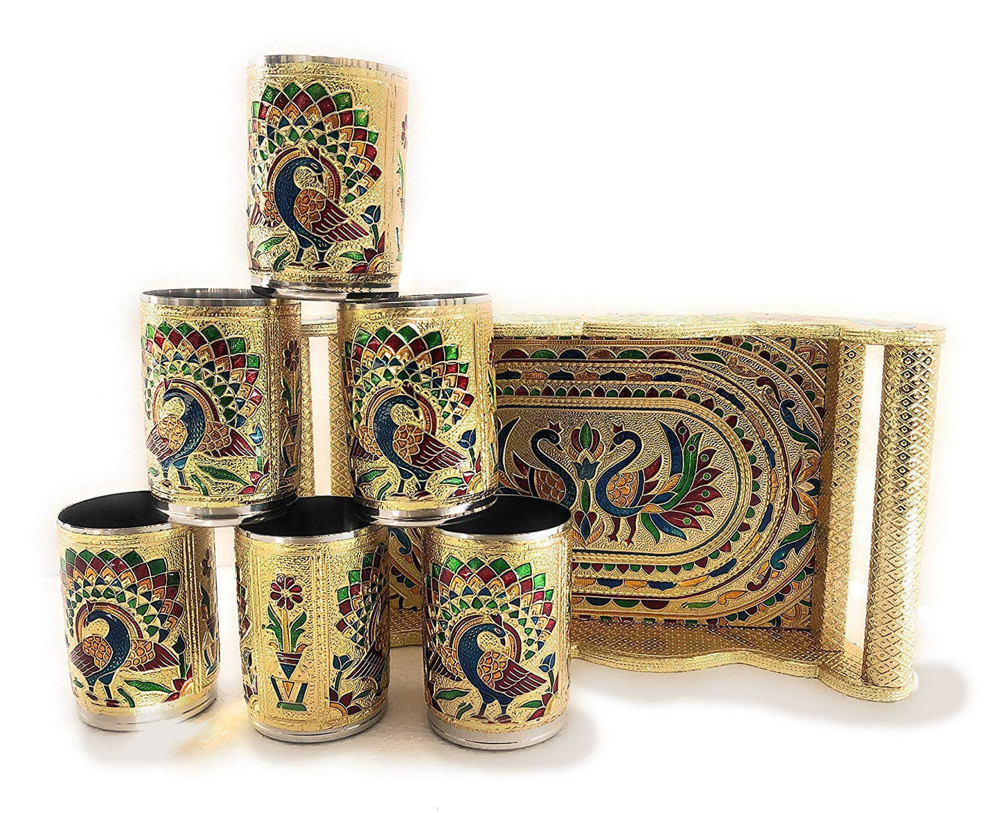 Peacock Design Glass with Handle and Handicraft Serving Tray Set