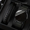 2-Piece Black Round Quartz Unisex Watch Set – PU Leather Strap & Bracelet