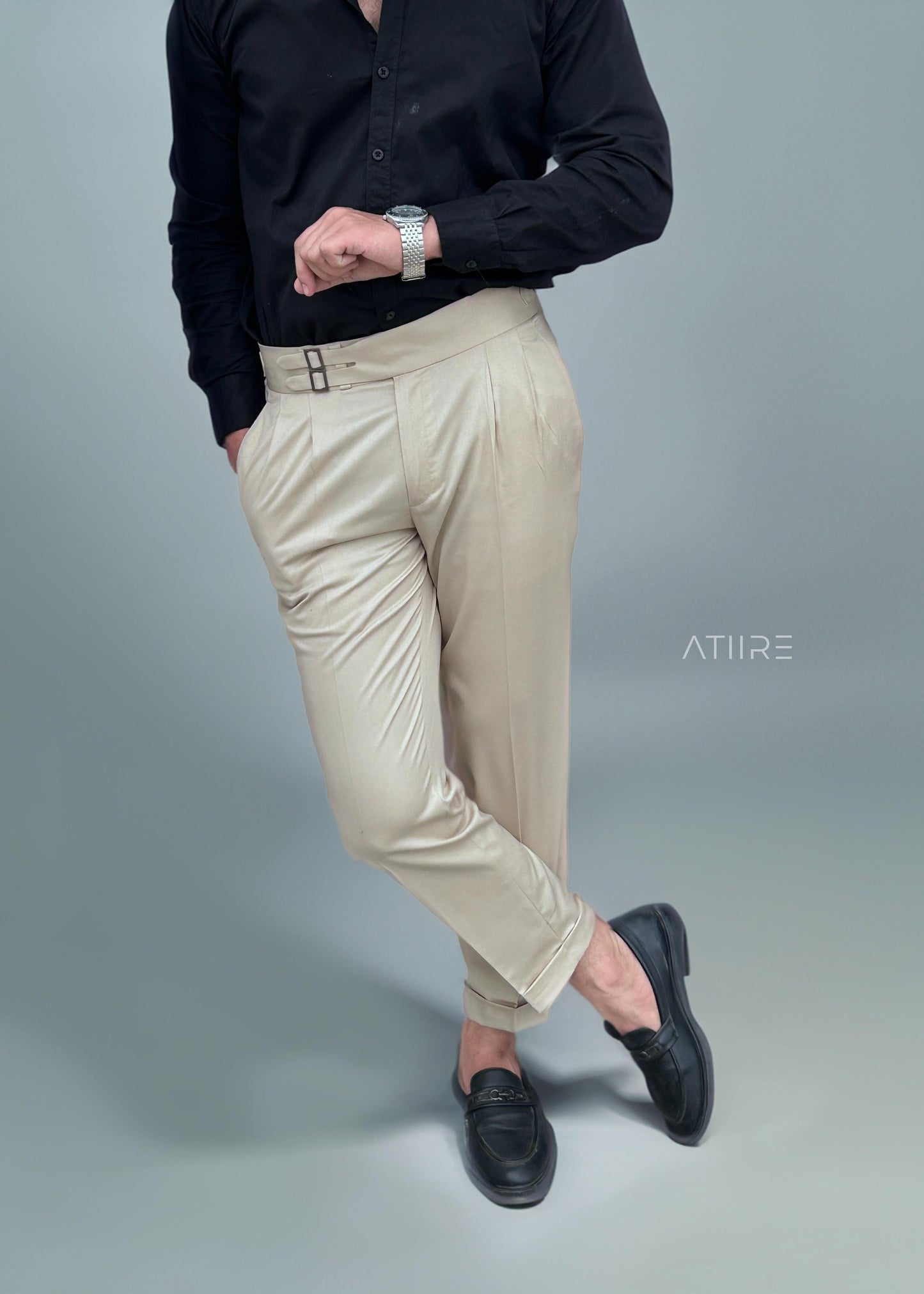 BEIGE DOUBLE PLEATED BUCKLE GURKHA PANTS BY ATIIRE