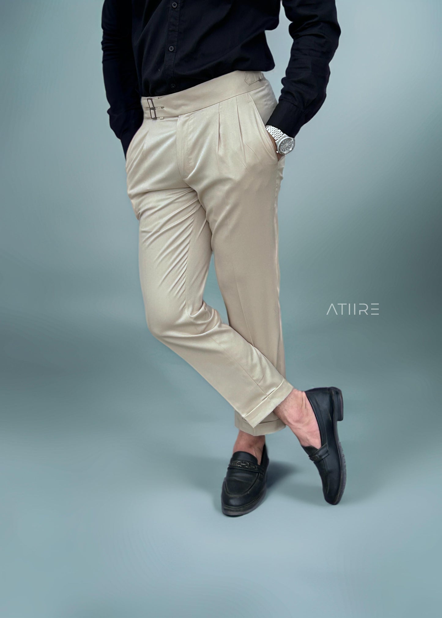BEIGE DOUBLE PLEATED BUCKLE GURKHA PANTS BY ATIIRE