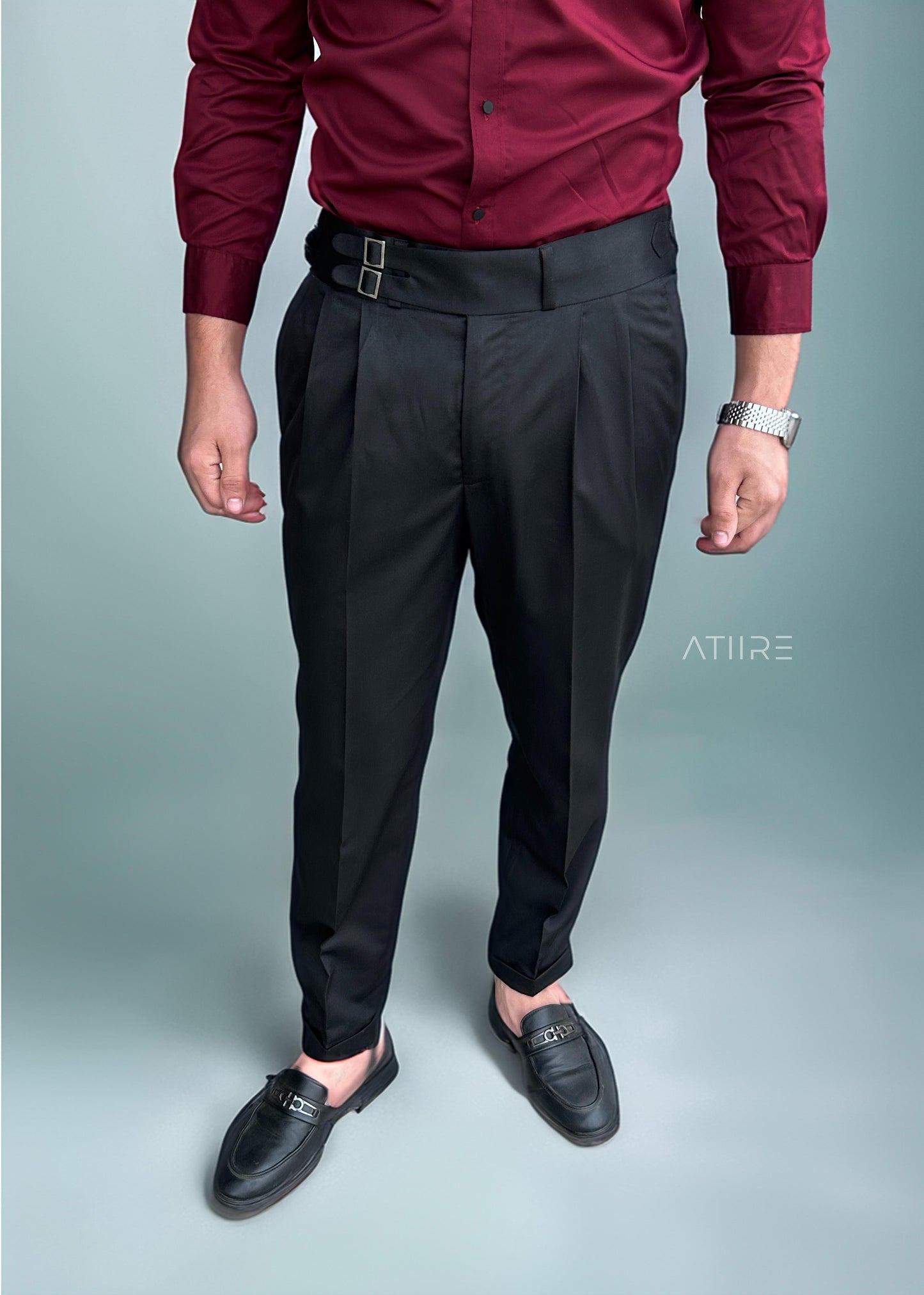 BLACK DOUBLE PLEATED BUCKLE GURKHA PANTS BY ATIIRE