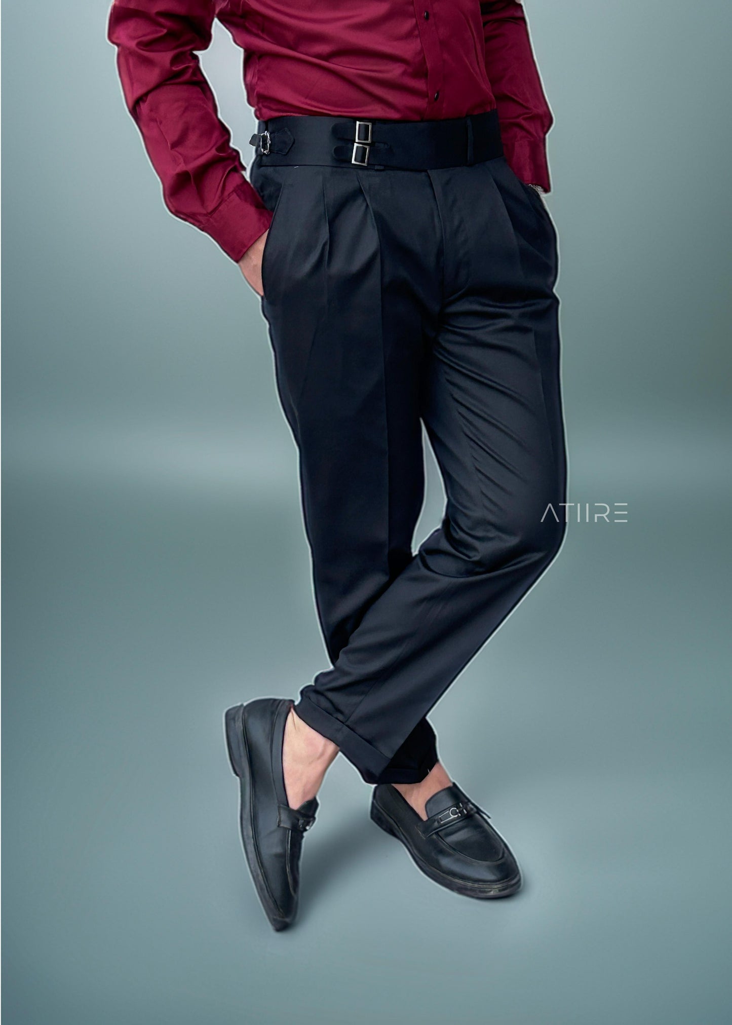 BLACK DOUBLE PLEATED BUCKLE GURKHA PANTS BY ATIIRE