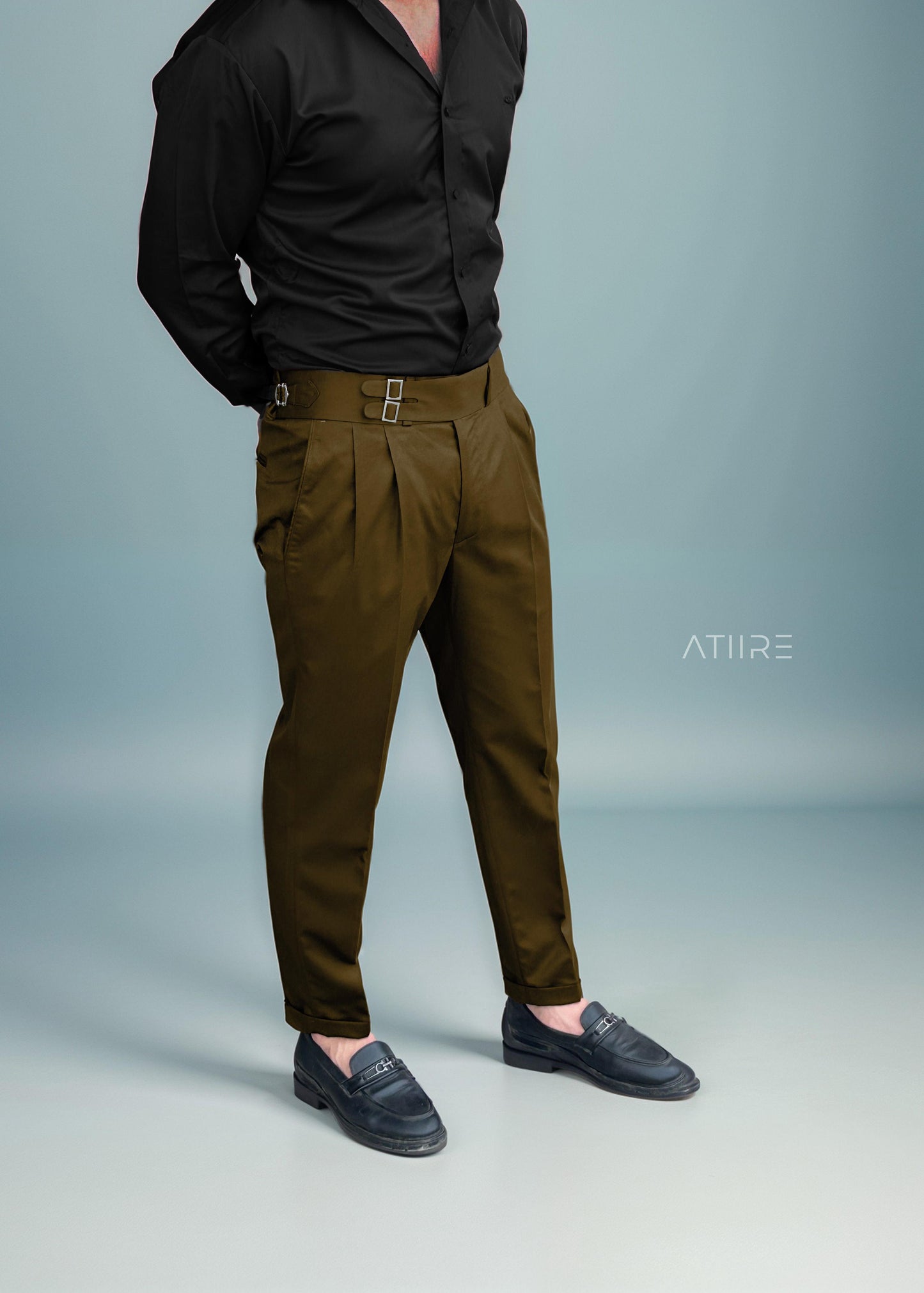 BROWN DOUBLE PLEATED BUCKLE GURKHA PANTS BY ATIIRE