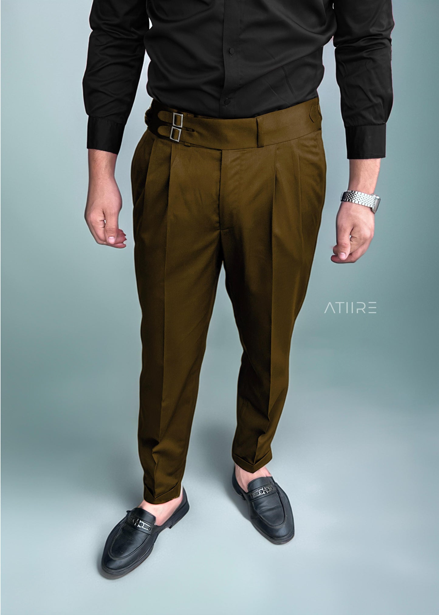 BROWN DOUBLE PLEATED BUCKLE GURKHA PANTS BY ATIIRE