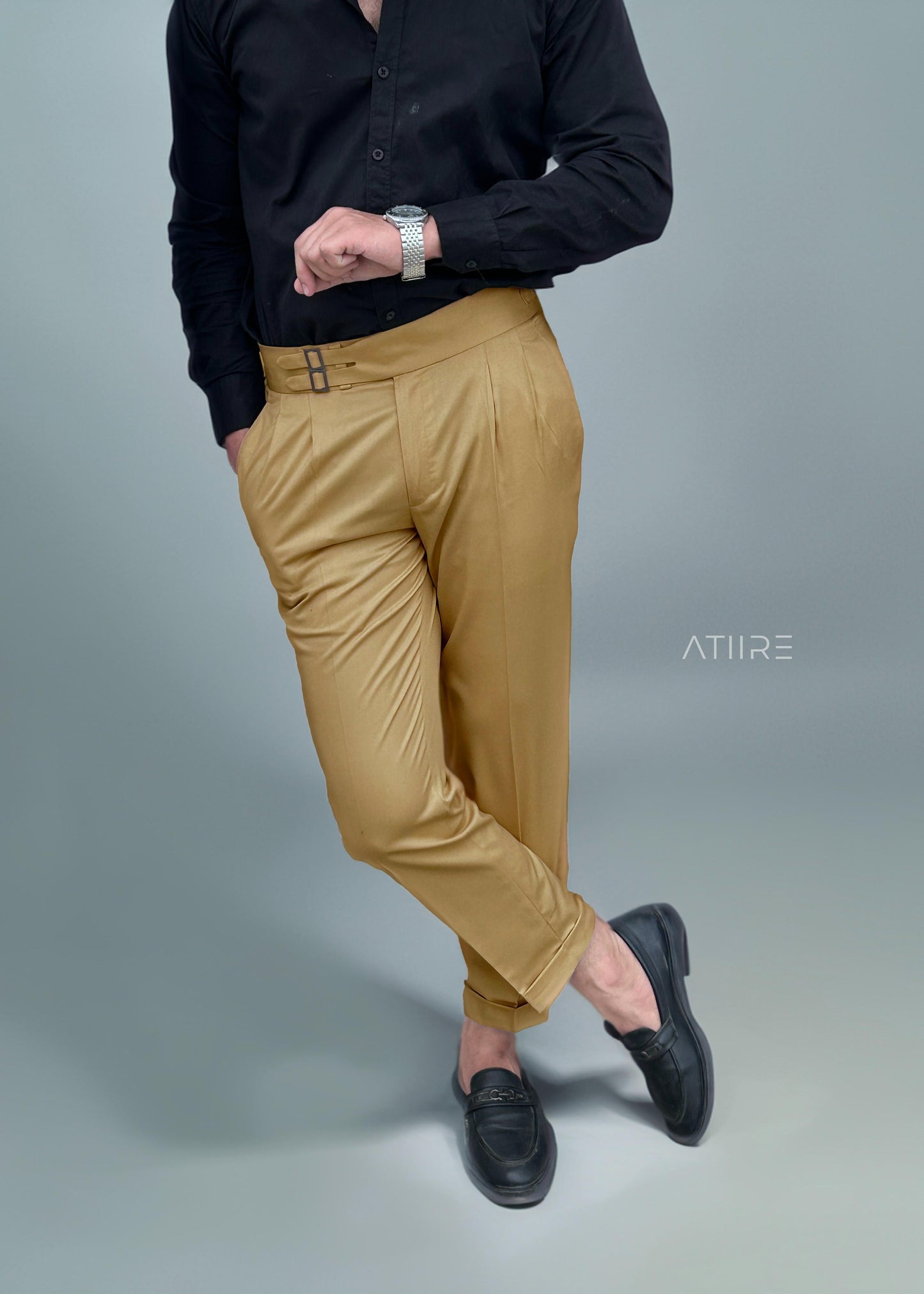 CAMEL BROWN DOUBLE PLEATED BUCKLE GURKHA PANTS BY ATIIRE