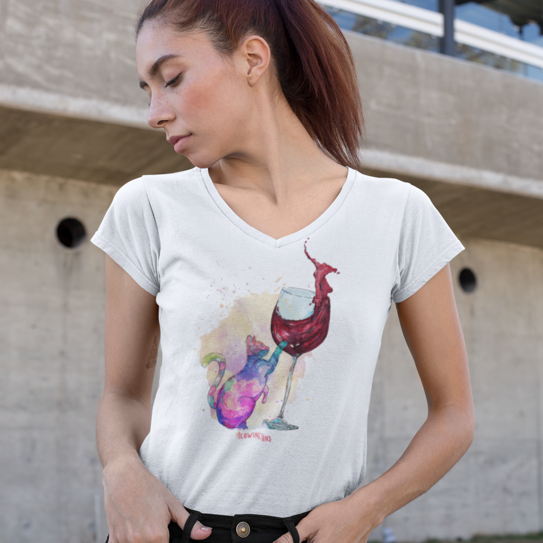 Feline Tipsy Cat Wine V-Neck T-Shirt